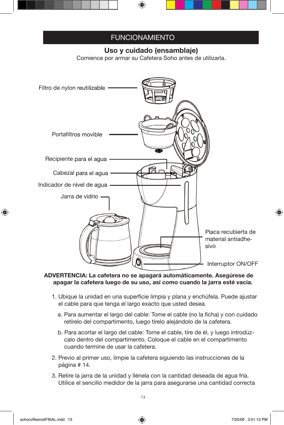 Funcionamiento uso y cuidado (ensamblaje) | West Bend Back to Basics Soho Coffeemaker User Manual | Page 13 / 26