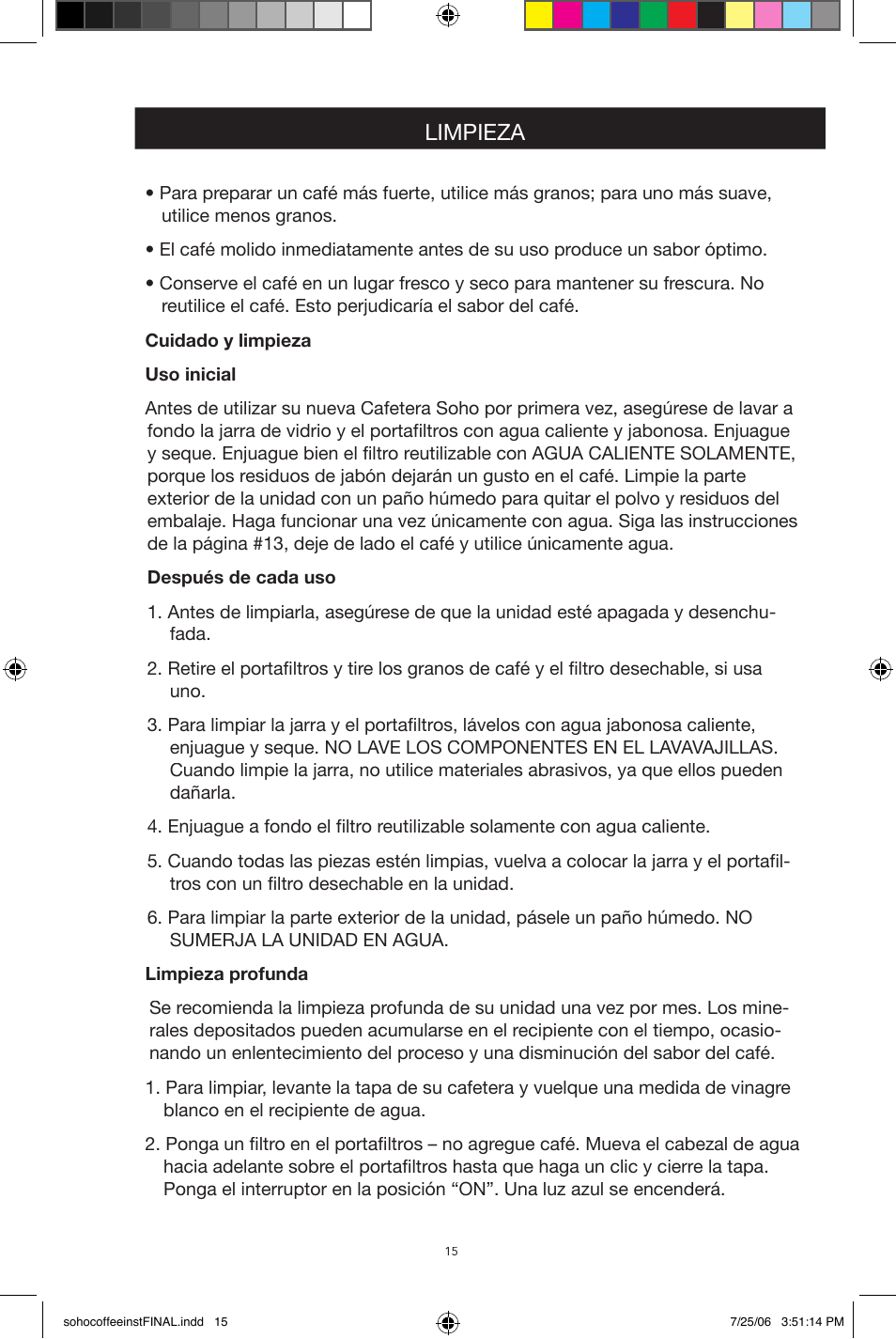 Limpieza | West Bend Back to Basics Soho Coffeemaker User Manual | Page 15 / 26