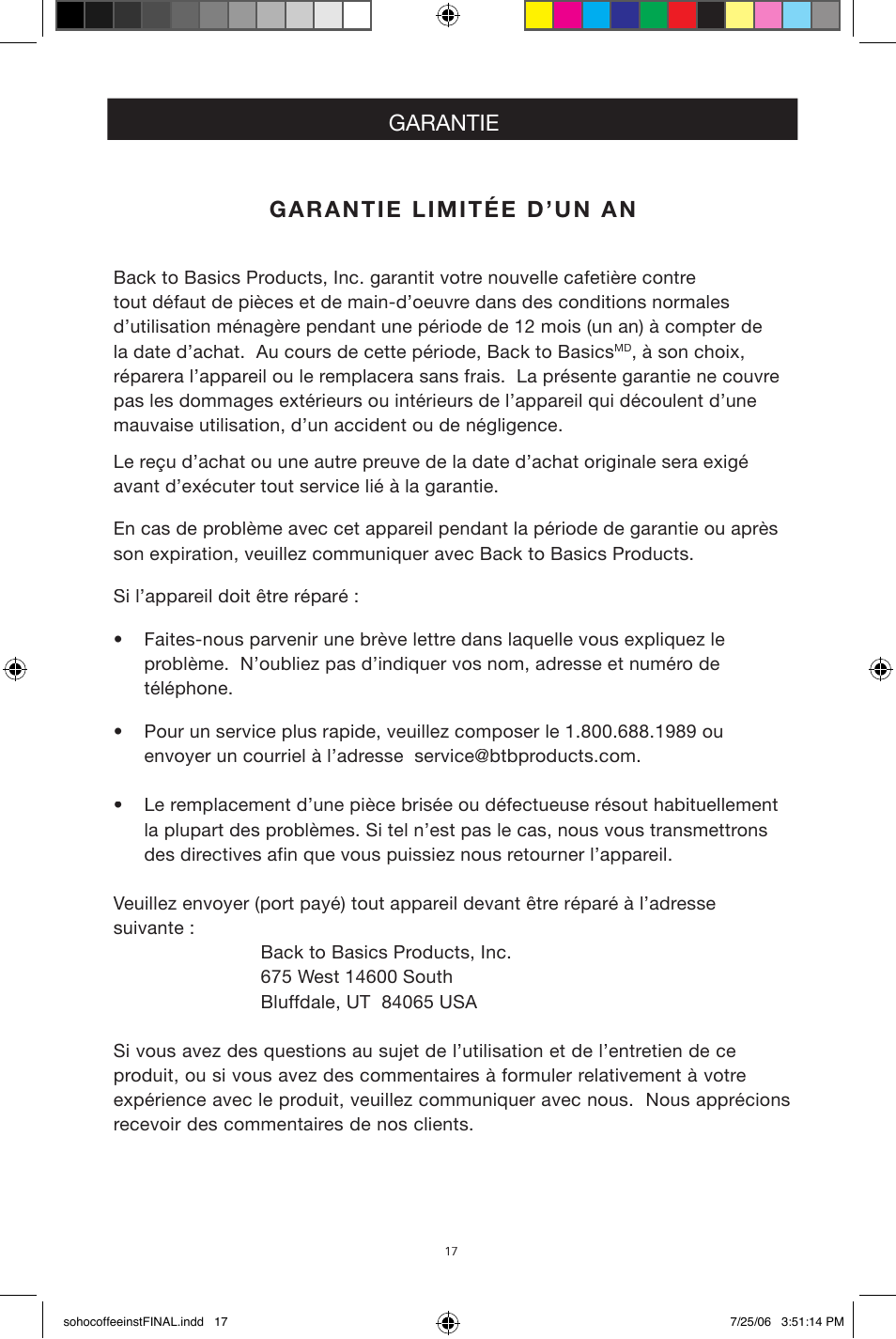 Garantie, Garantie limitée d’un an | West Bend Back to Basics Soho Coffeemaker User Manual | Page 17 / 26