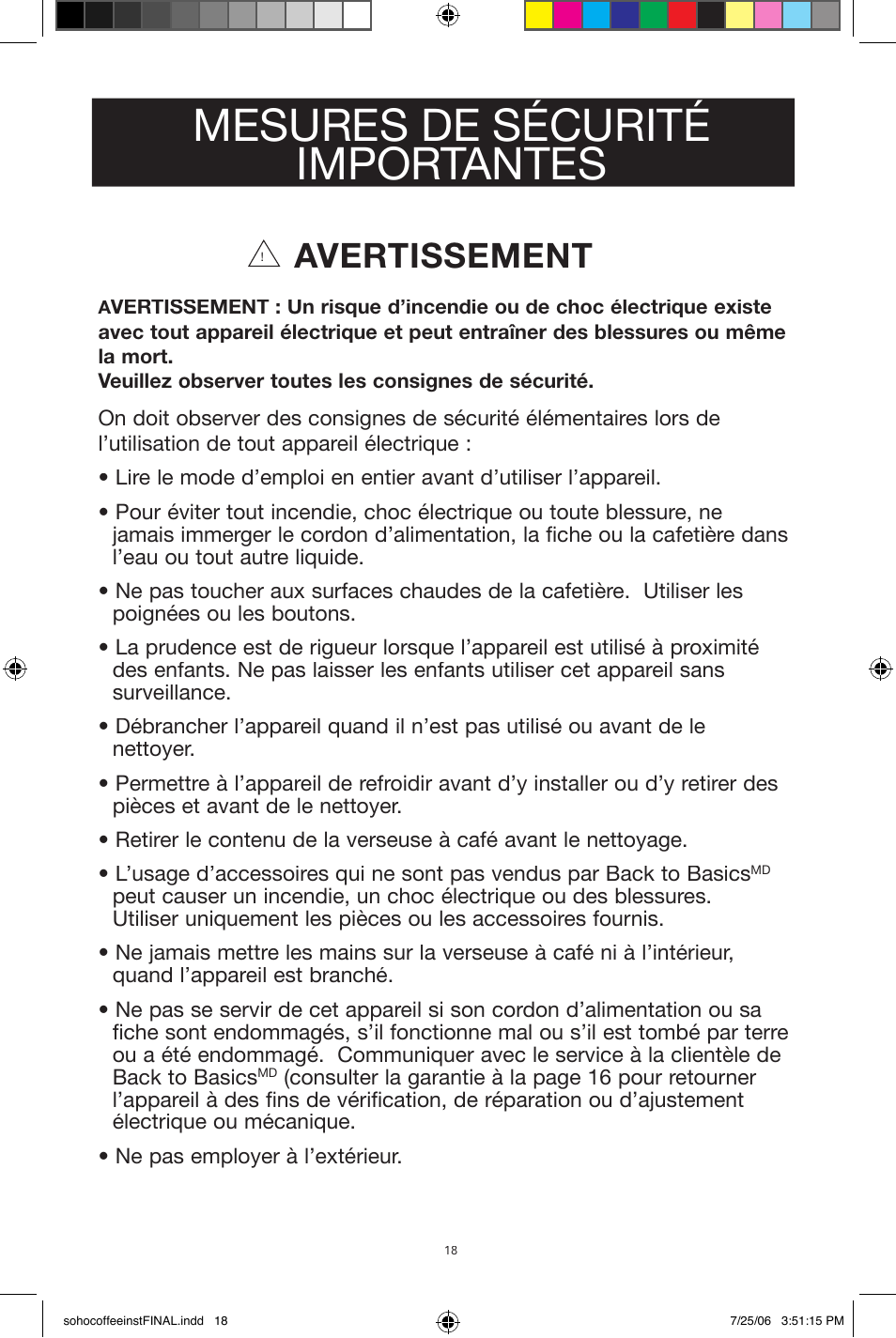 Mesures de sécurité importantes, Avertissement | West Bend Back to Basics Soho Coffeemaker User Manual | Page 18 / 26