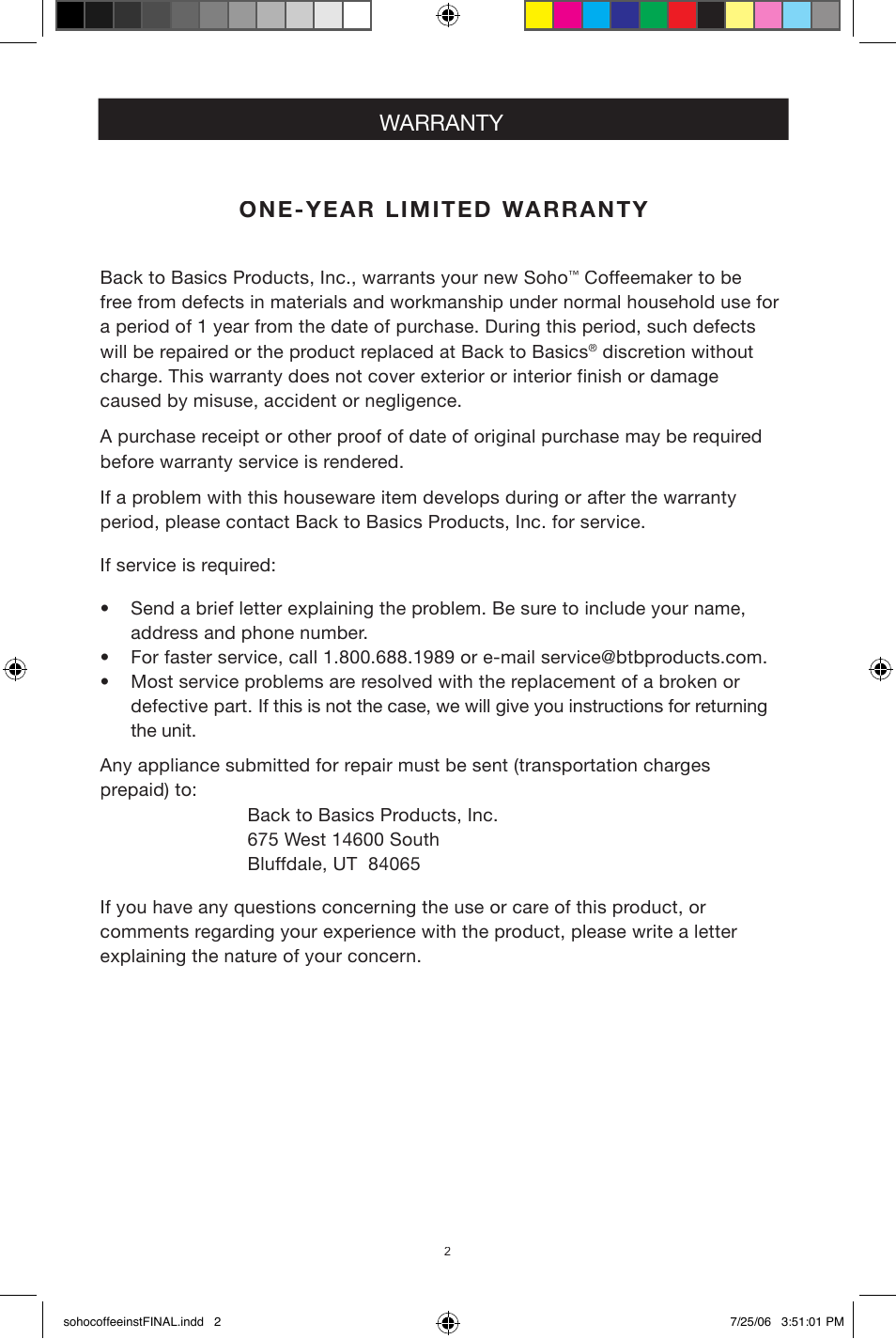 Warranty, One-year limited warranty | West Bend Back to Basics Soho Coffeemaker User Manual | Page 2 / 26