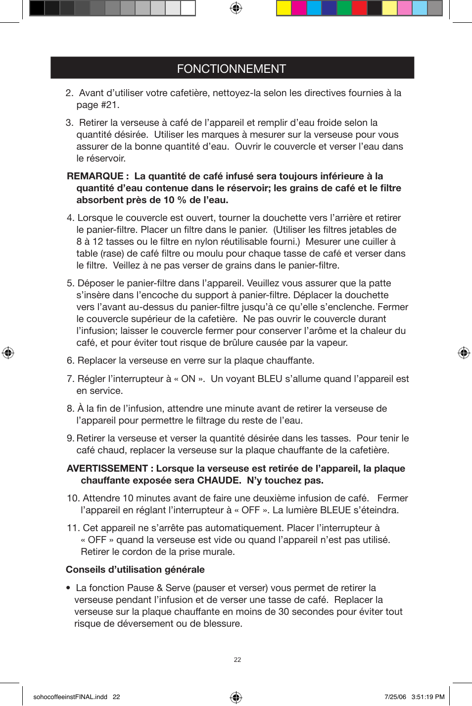Fonctionnement | West Bend Back to Basics Soho Coffeemaker User Manual | Page 22 / 26