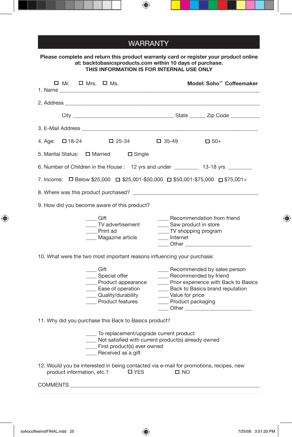 Warranty | West Bend Back to Basics Soho Coffeemaker User Manual | Page 25 / 26