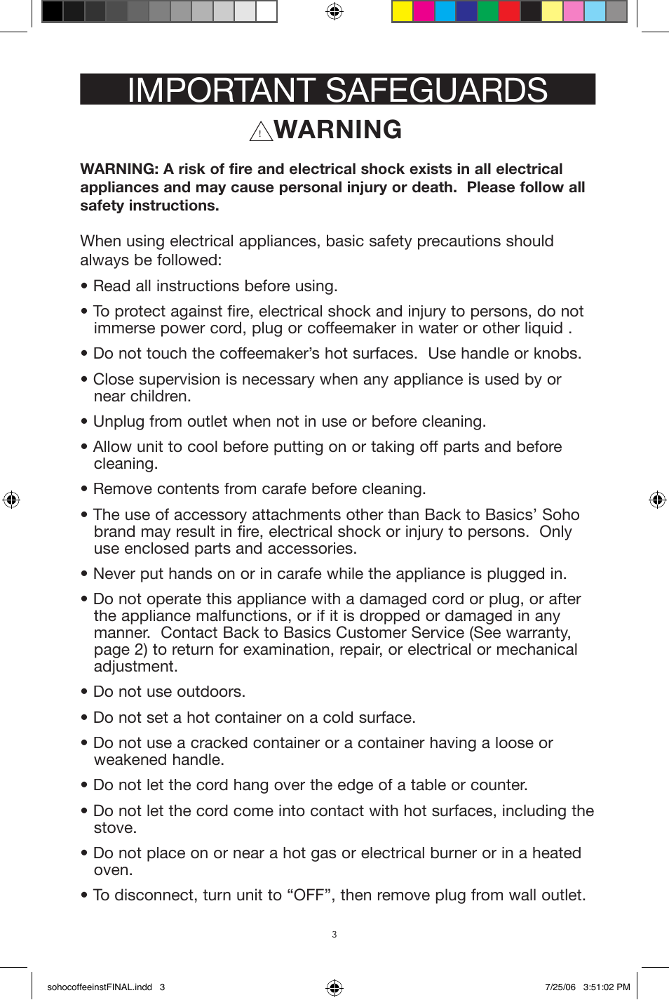 Important safeguards, Warning | West Bend Back to Basics Soho Coffeemaker User Manual | Page 3 / 26