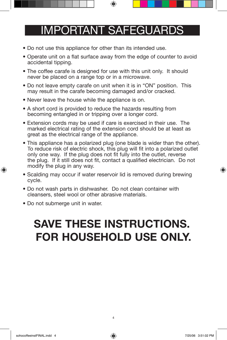 Important safeguards, Save these instructions. for household use only | West Bend Back to Basics Soho Coffeemaker User Manual | Page 4 / 26