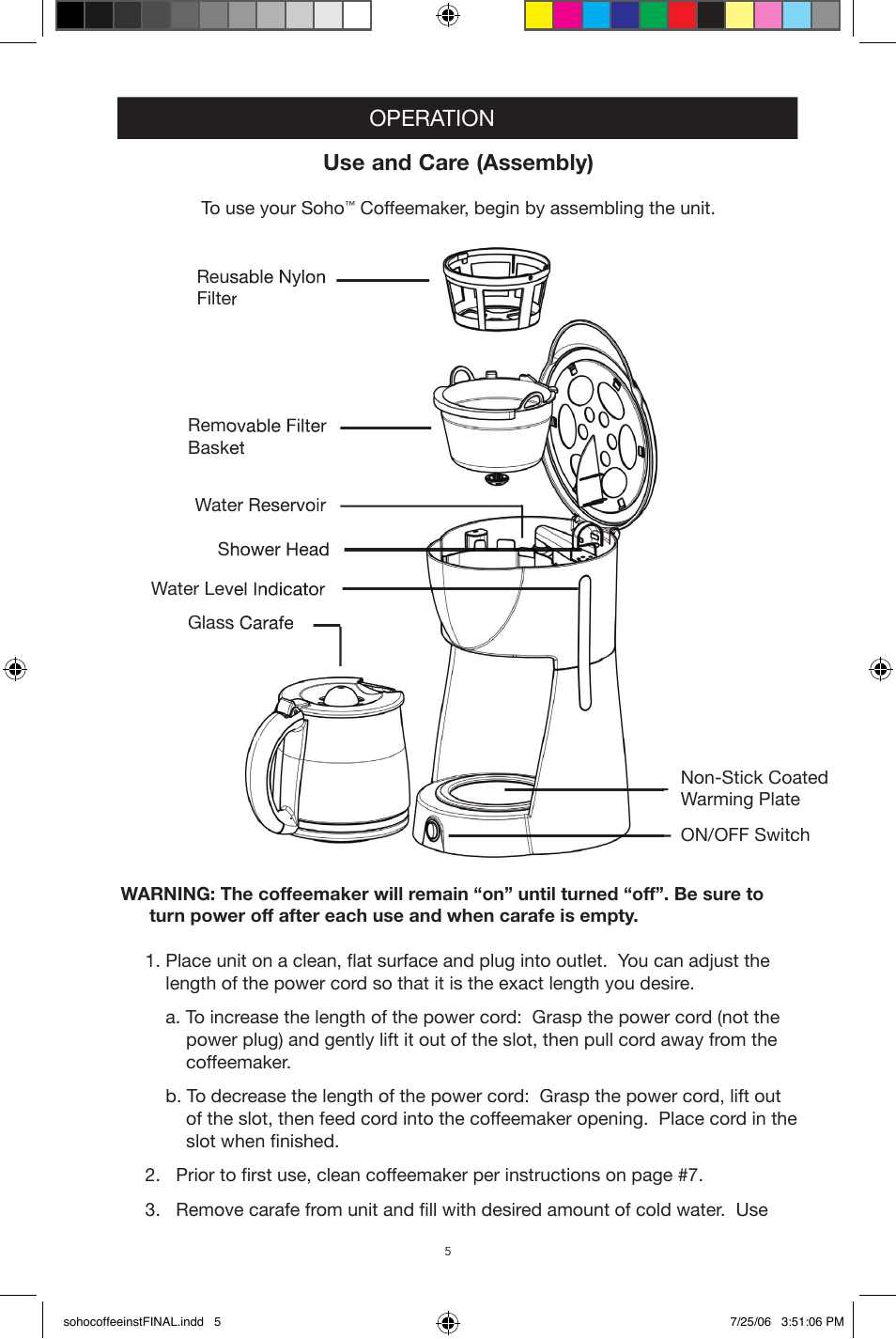 Operation use and care (assembly) | West Bend Back to Basics Soho Coffeemaker User Manual | Page 5 / 26