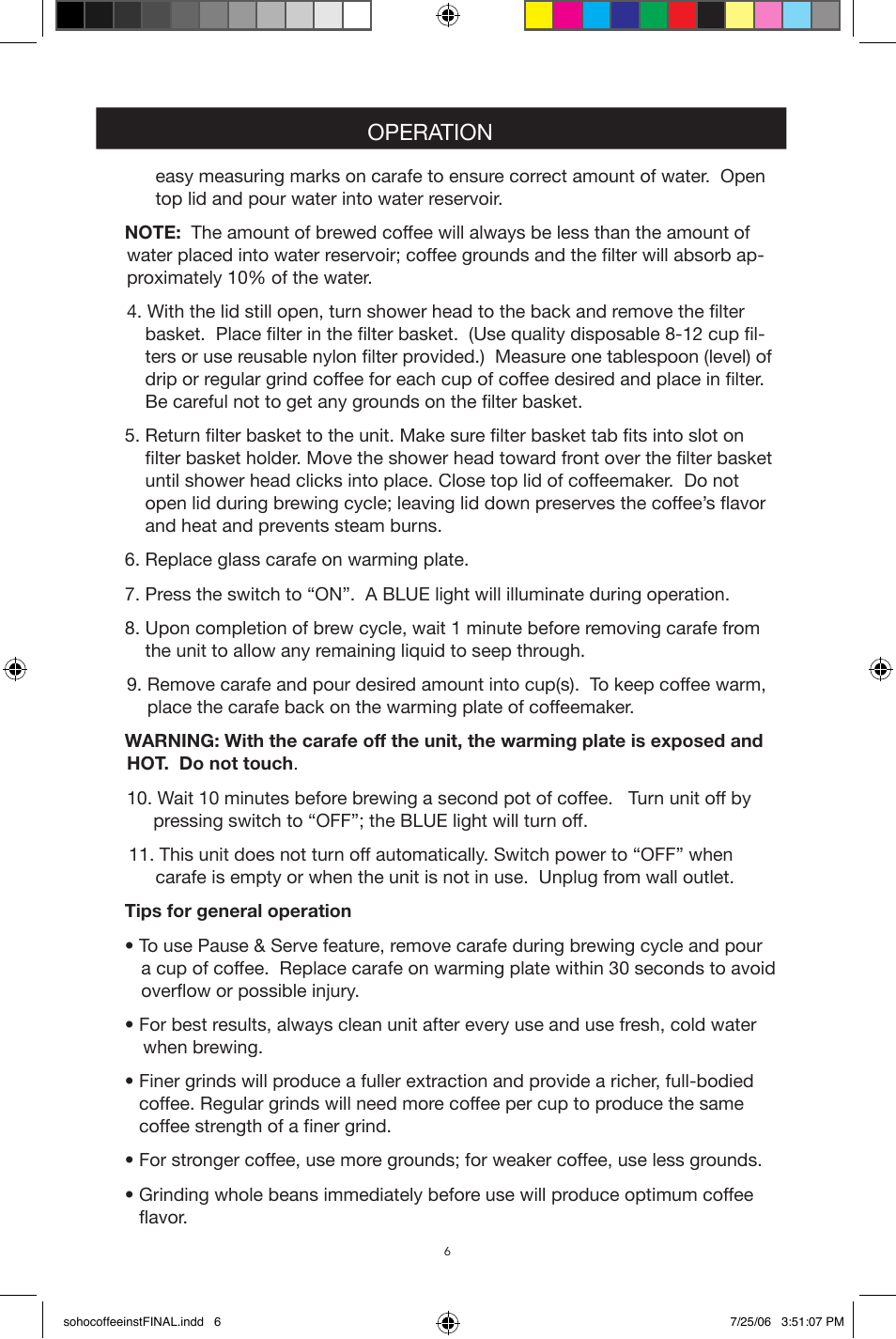 Operation | West Bend Back to Basics Soho Coffeemaker User Manual | Page 6 / 26