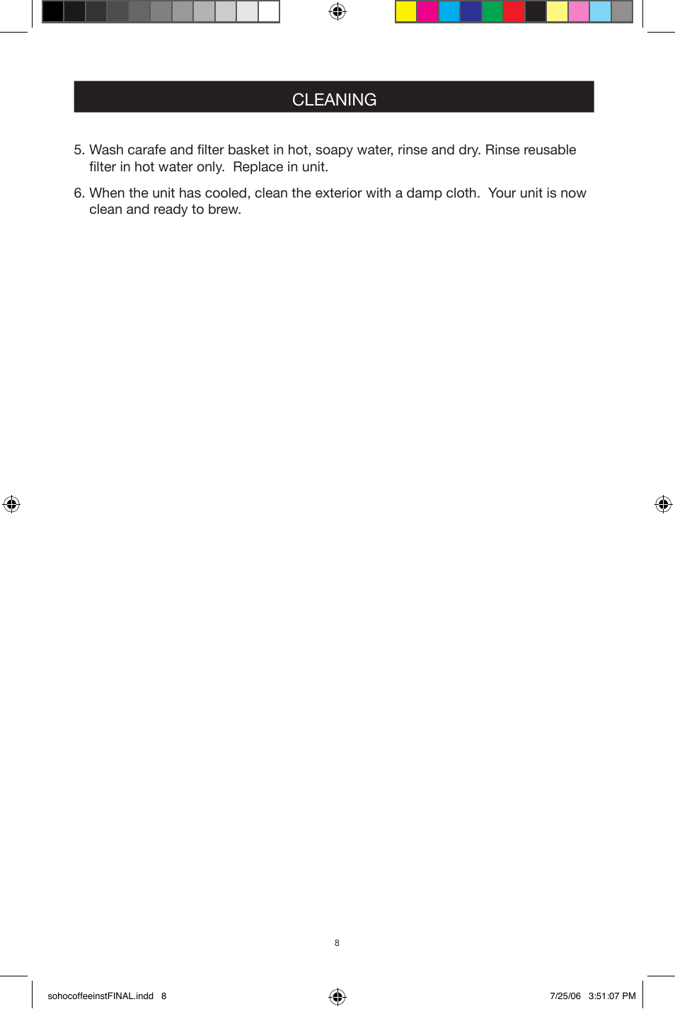 Cleaning | West Bend Back to Basics Soho Coffeemaker User Manual | Page 8 / 26