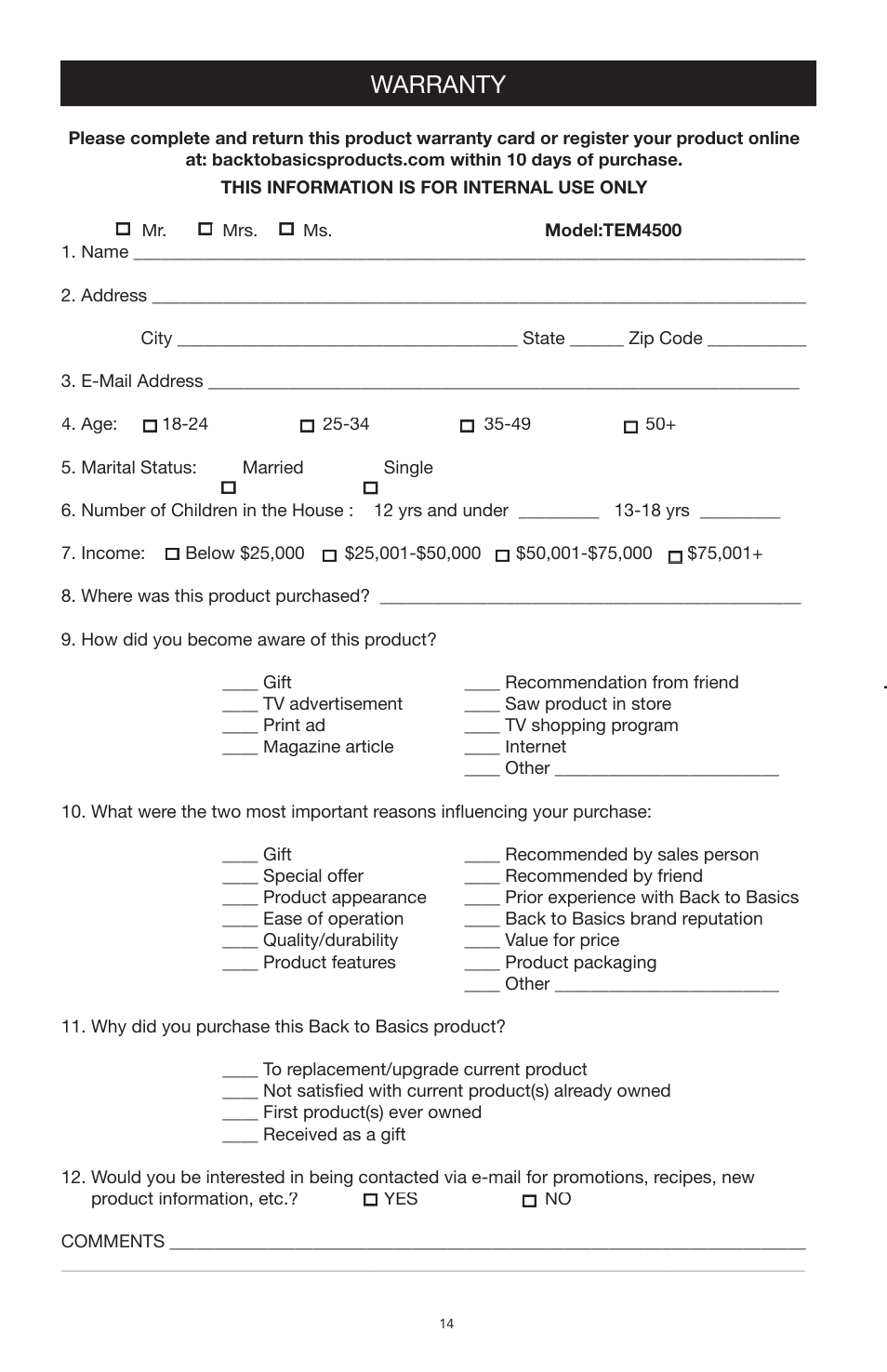 Warranty | West Bend Back to Basics TEM4500 User Manual | Page 14 / 15