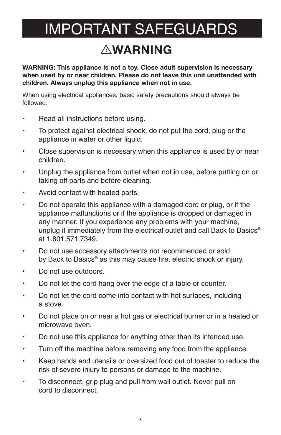 Warning, Important safeguards | West Bend Back to Basics TEM4500 User Manual | Page 3 / 15