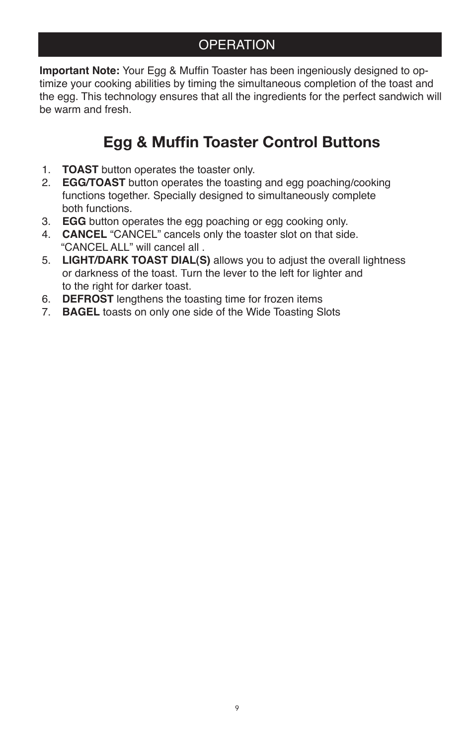 Egg & mufﬁ n toaster control buttons, Operation | West Bend Back to Basics TEM4500 User Manual | Page 9 / 15