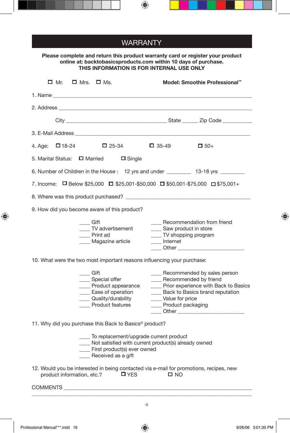 Warranty | West Bend Back to Basics Smoothie Professional User Manual | Page 16 / 17