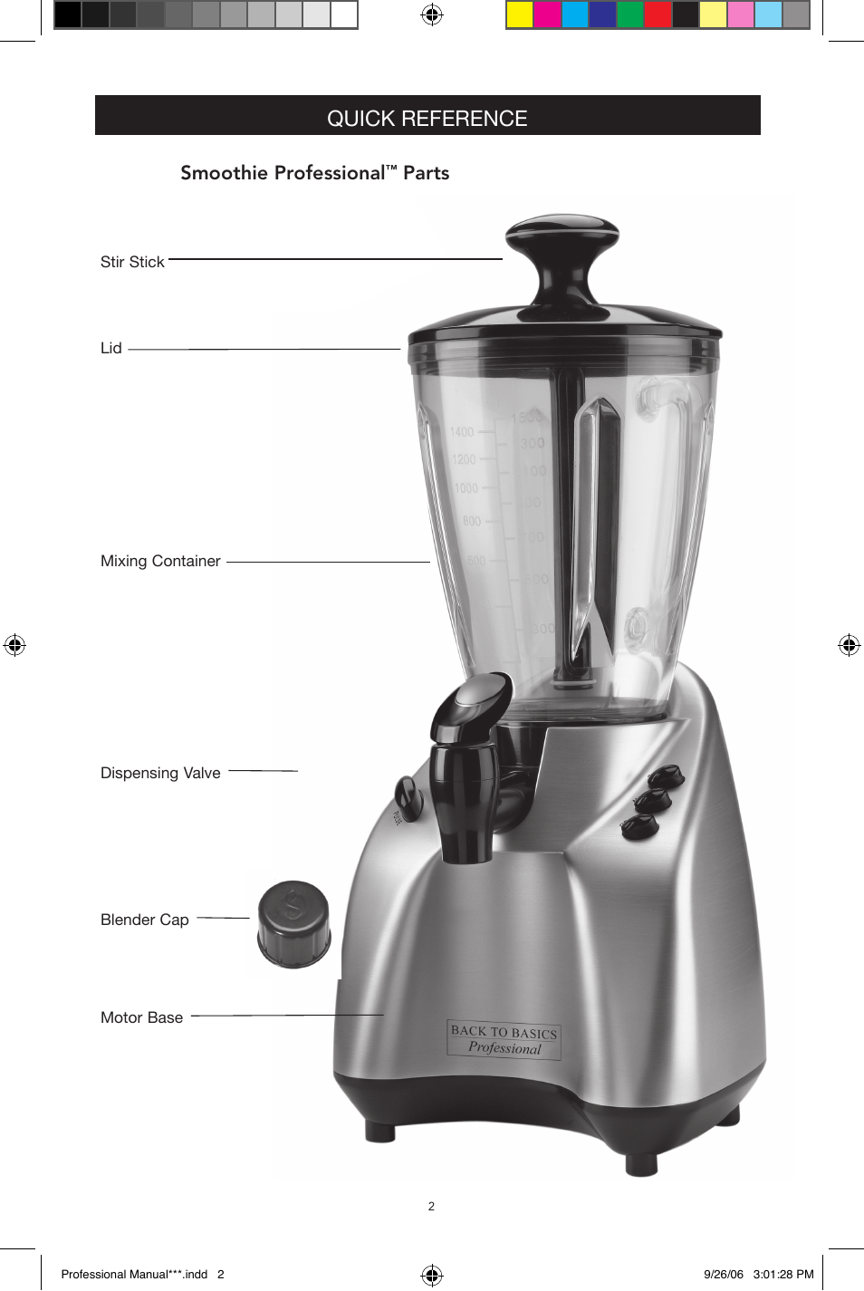 Quick reference, Smoothie professional, Parts | West Bend Back to Basics Smoothie Professional User Manual | Page 2 / 17