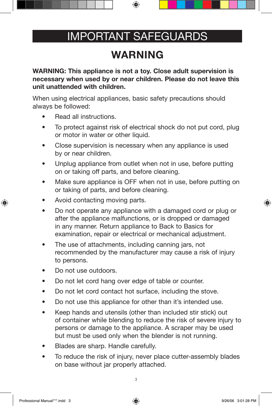 Important safeguards, Warning | West Bend Back to Basics Smoothie Professional User Manual | Page 3 / 17