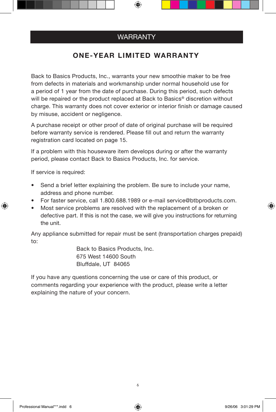 Warranty one-year limited warranty | West Bend Back to Basics Smoothie Professional User Manual | Page 6 / 17
