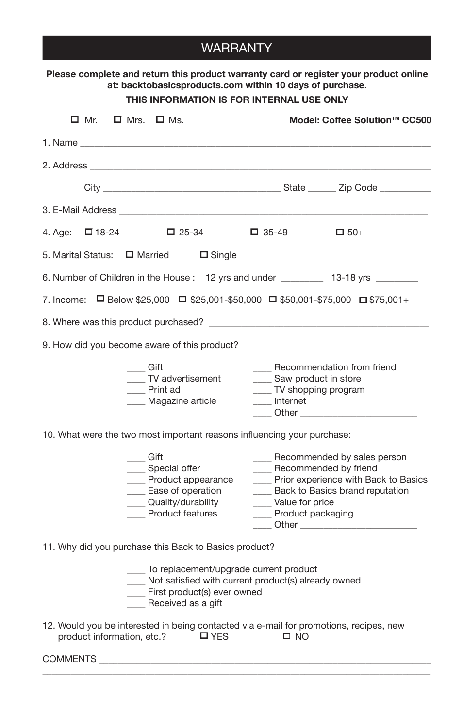 Warranty | West Bend Back to Basics CC500 User Manual | Page 11 / 12