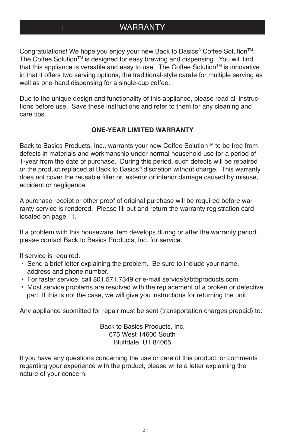 Quick reference, Quick reference warranty | West Bend Back to Basics CC500 User Manual | Page 2 / 12