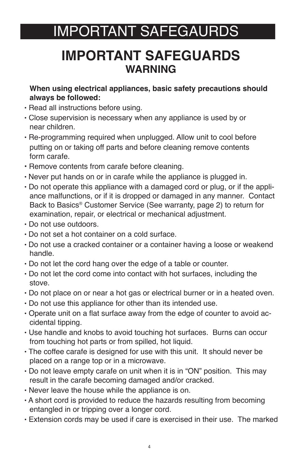 Important safegaurds, Important safeguards, Warning | West Bend Back to Basics CC500 User Manual | Page 4 / 12