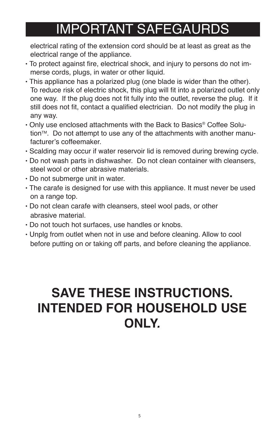 Important safegaurds | West Bend Back to Basics CC500 User Manual | Page 5 / 12