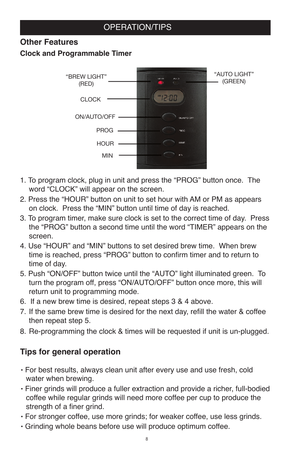 Operation/tips, Other features, Tips for general operation | West Bend Back to Basics CC500 User Manual | Page 8 / 12