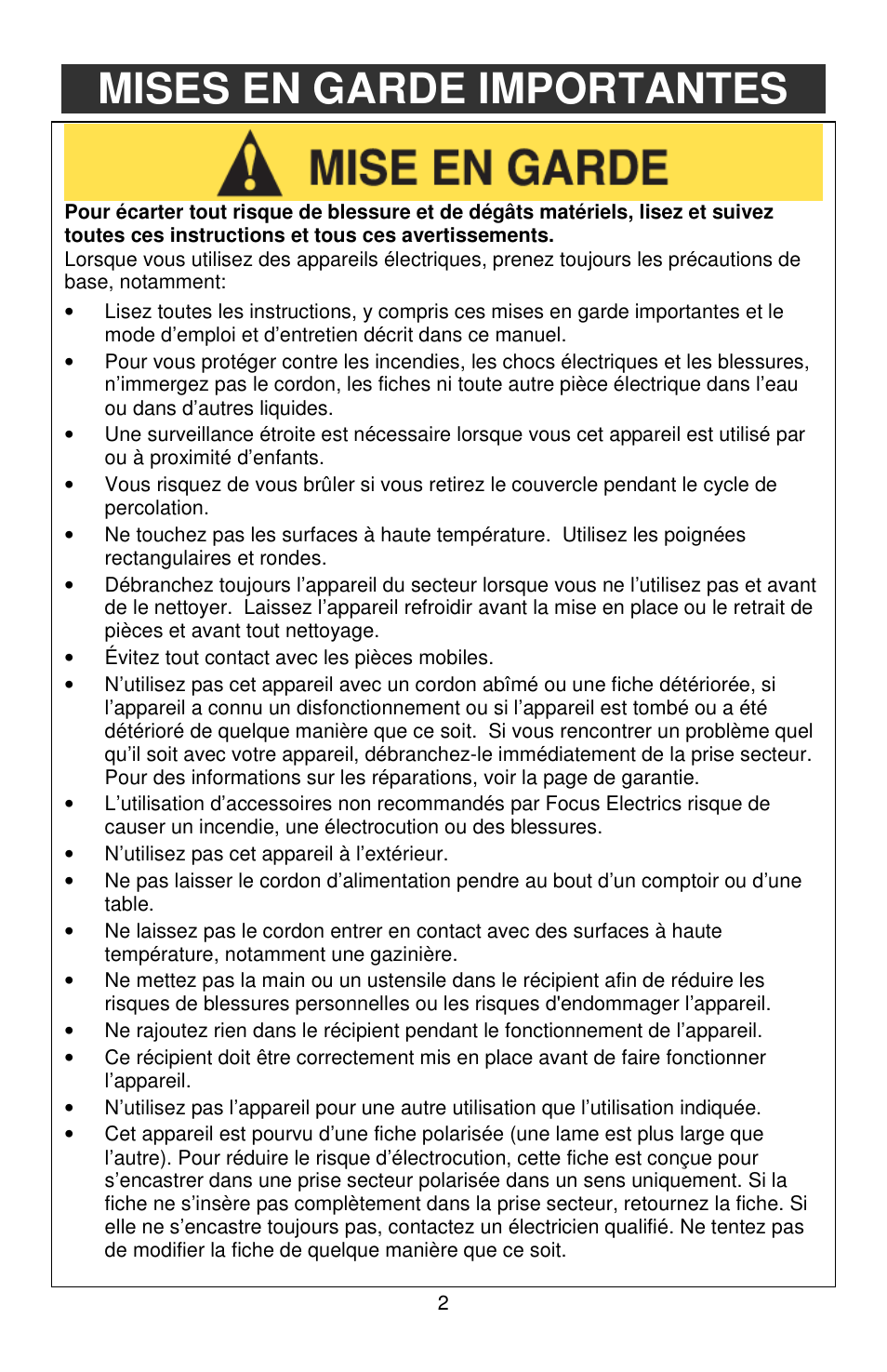 Mises en garde importantes | West Bend Back to Basics Cocoa~Latte User Manual | Page 14 / 40