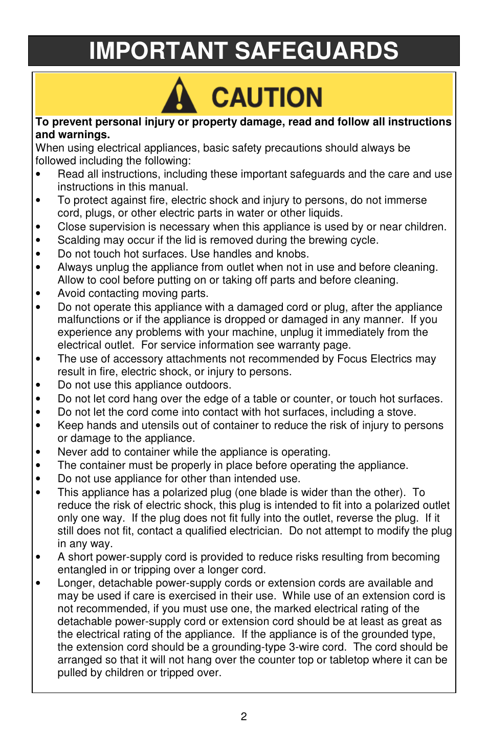 Important safeguards | West Bend Back to Basics Cocoa~Latte User Manual | Page 2 / 40