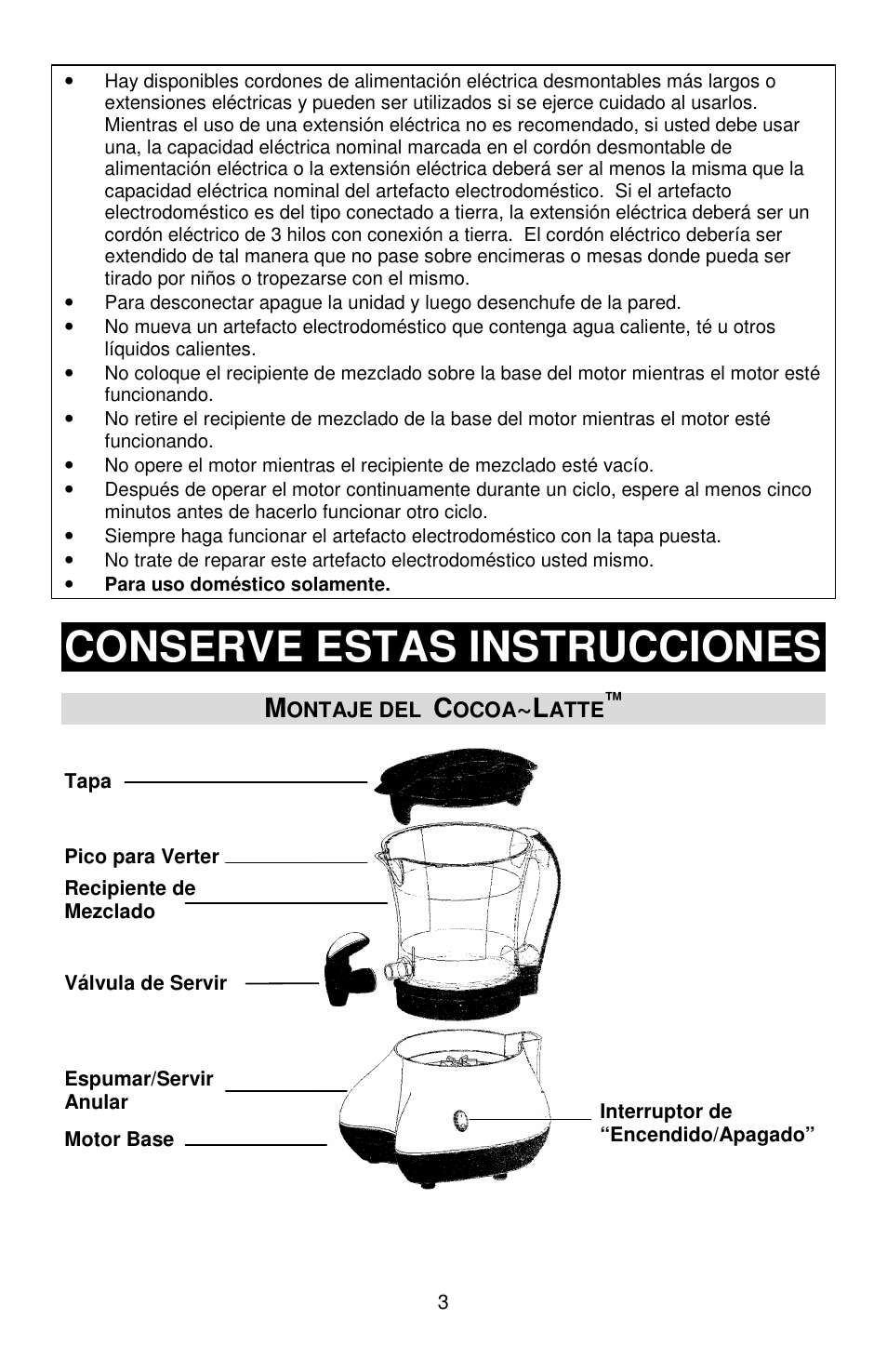 Conserve estas instrucciones | West Bend Back to Basics Cocoa~Latte User Manual | Page 29 / 40