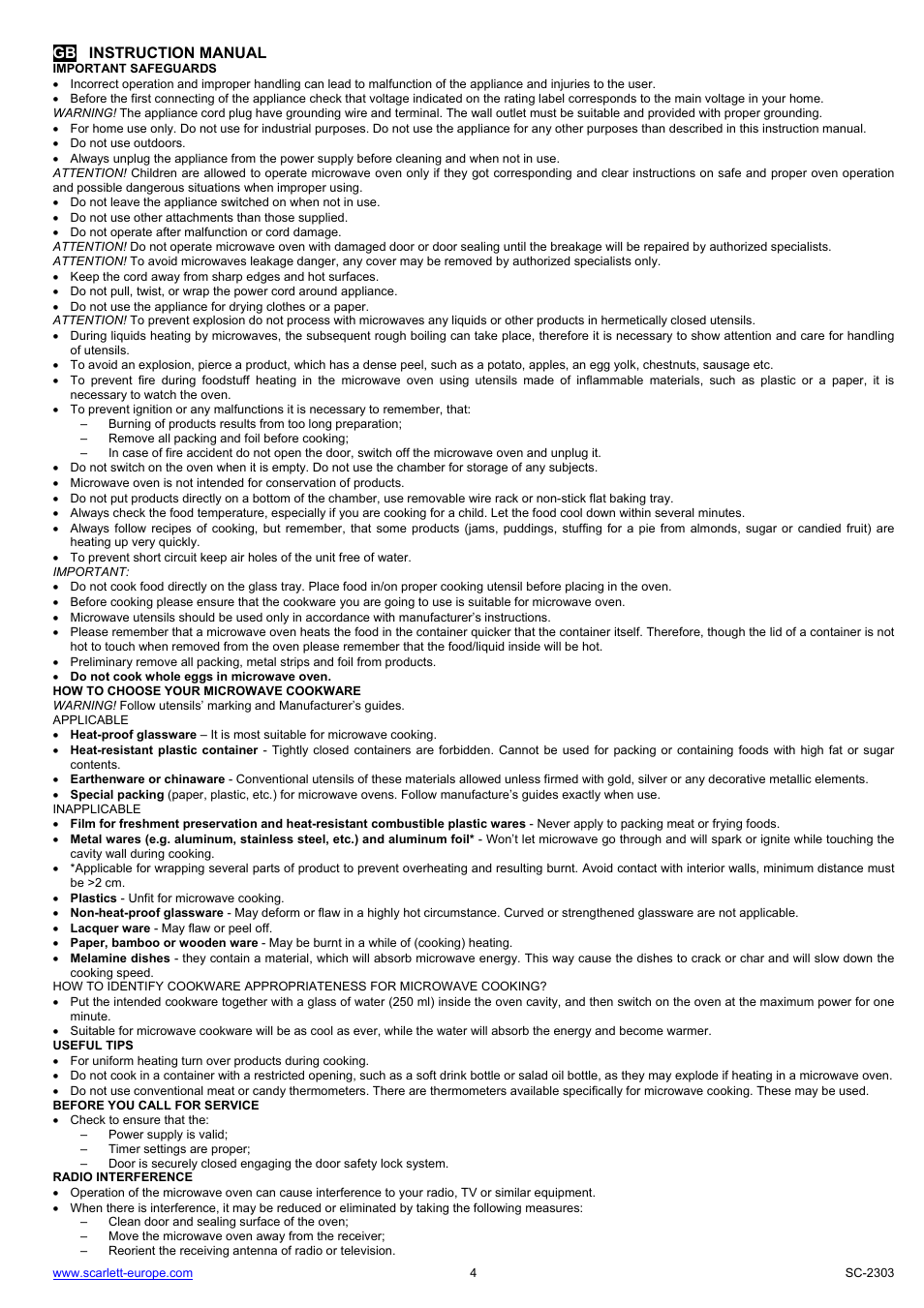 Gb instruction manual | Scarlett SC-2303 User Manual | Page 4 / 47