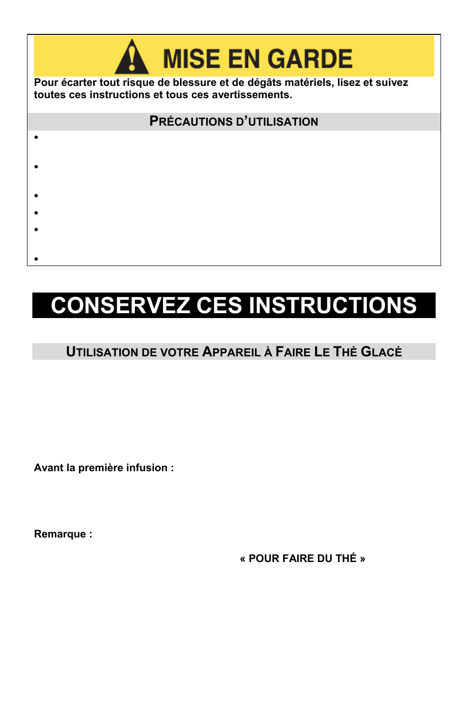 Utilisation de votre appareil à faire le thė glacė, Conservez ces instructions | West Bend Back to Basics Ice Tea Maker User Manual | Page 11 / 24