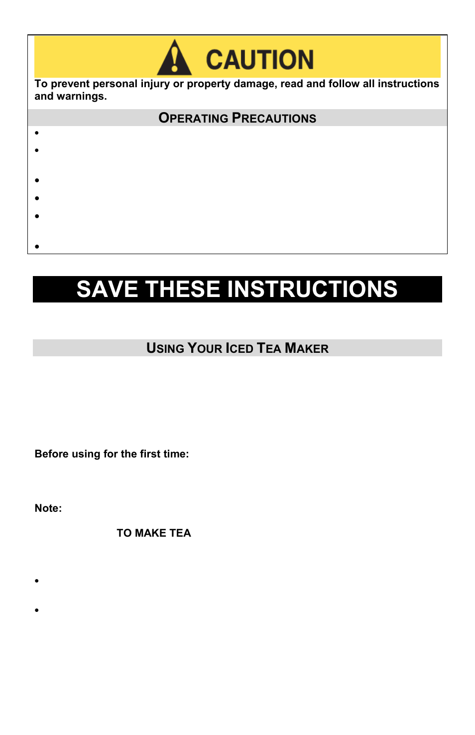 Operating precautions, Using your iced tea maker, Save these instructions | West Bend Back to Basics Ice Tea Maker User Manual | Page 3 / 24