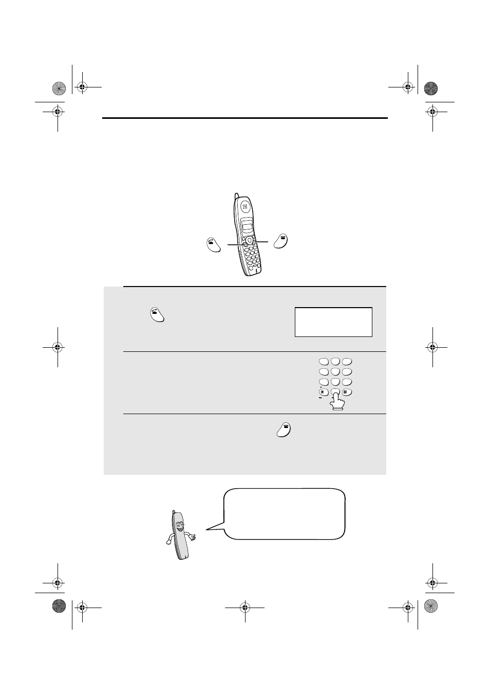 Using the cordless handset, Making a phone call, Pick up the cordless handset and press | When you hear the dial tone, dial the number, When you are ready to end the call, press | West Bend Back to Basics UX-CC500 User Manual | Page 36 / 139