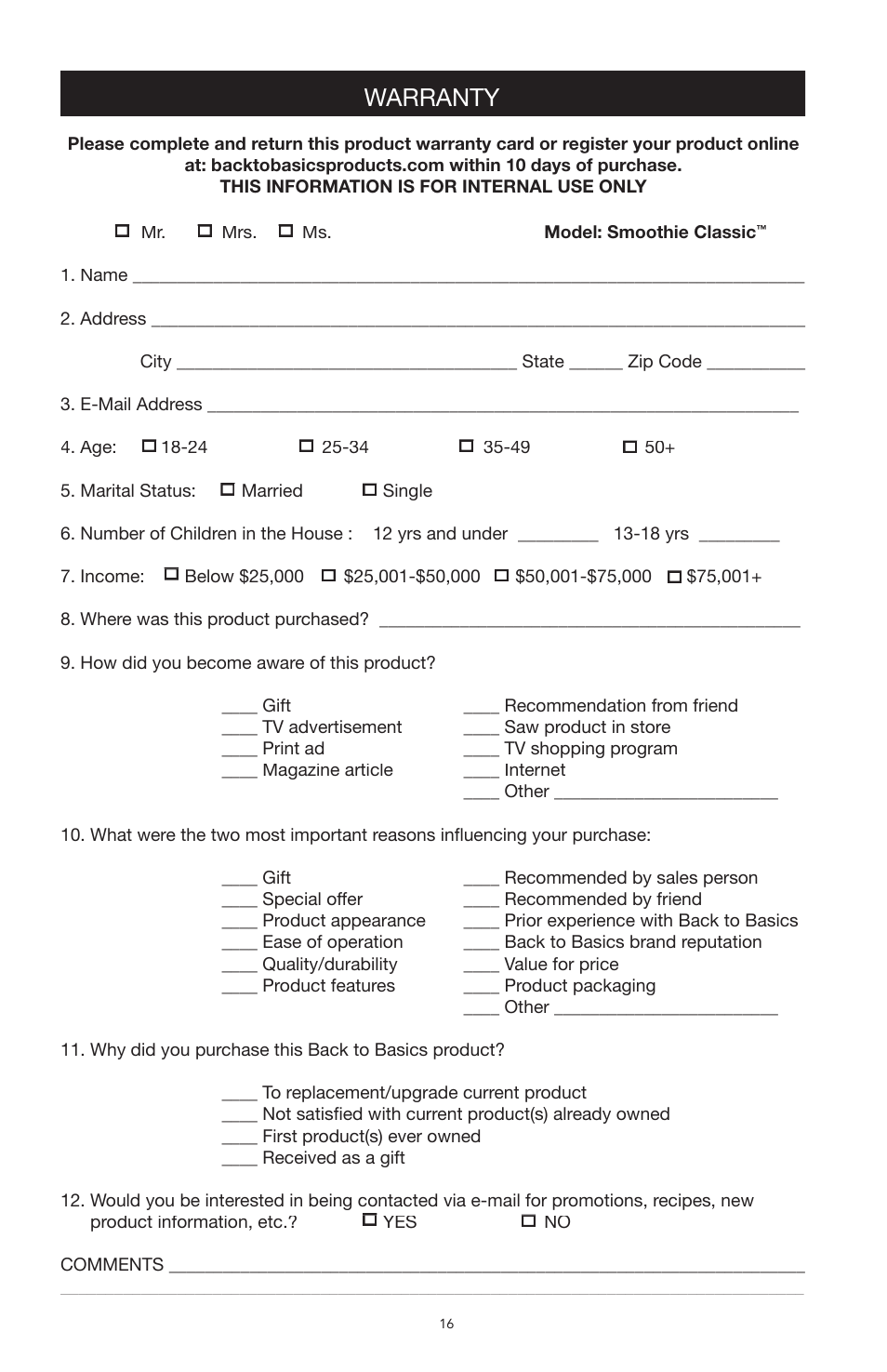 Warranty | West Bend Back to Basics SCL5 User Manual | Page 16 / 17