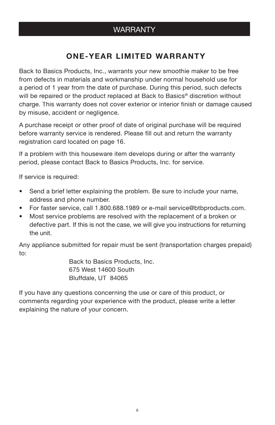 One-year limited warranty, Warranty | West Bend Back to Basics SCL5 User Manual | Page 6 / 17