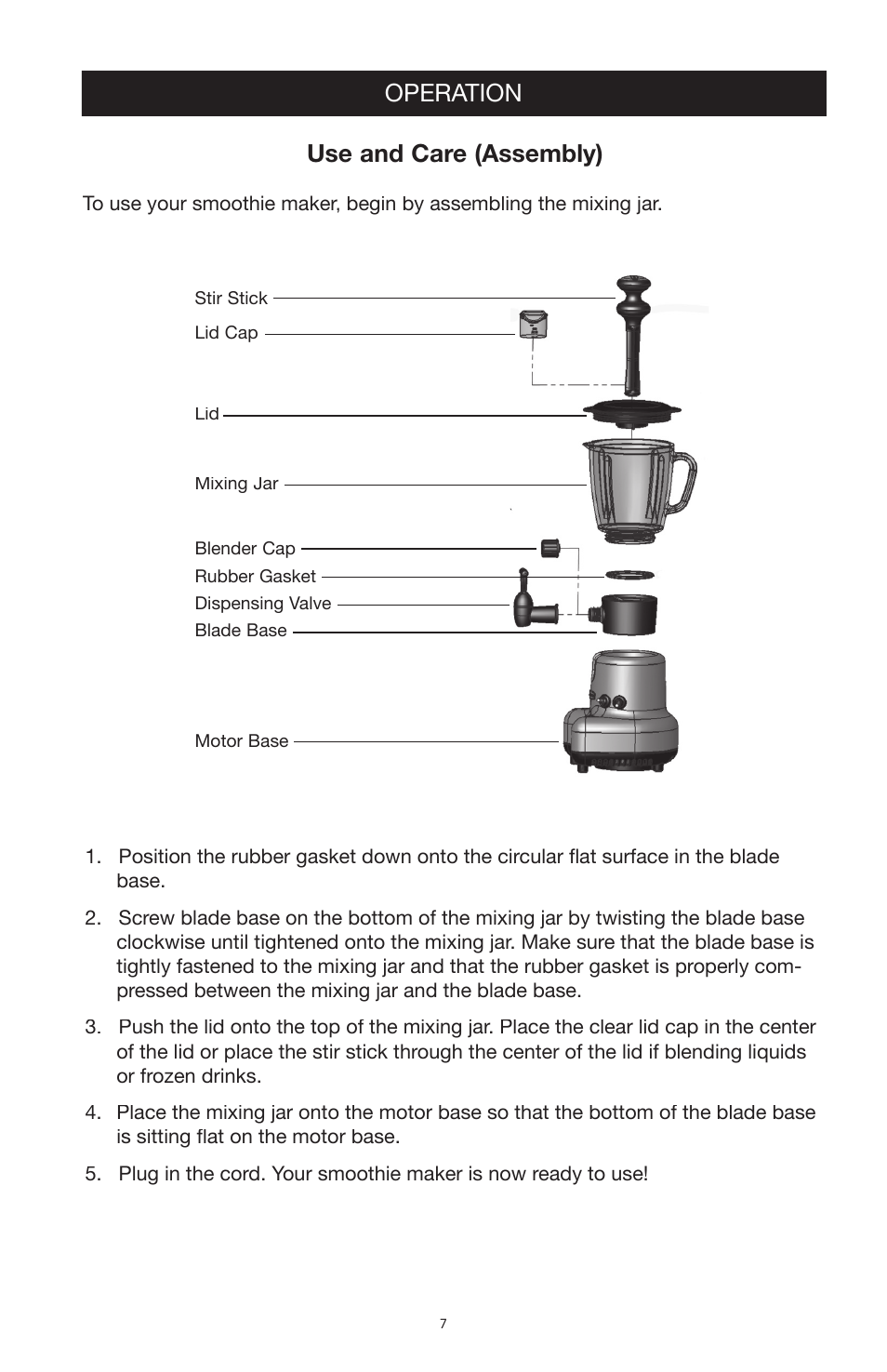 Operation use and care (assembly) | West Bend Back to Basics SCL5 User Manual | Page 7 / 17