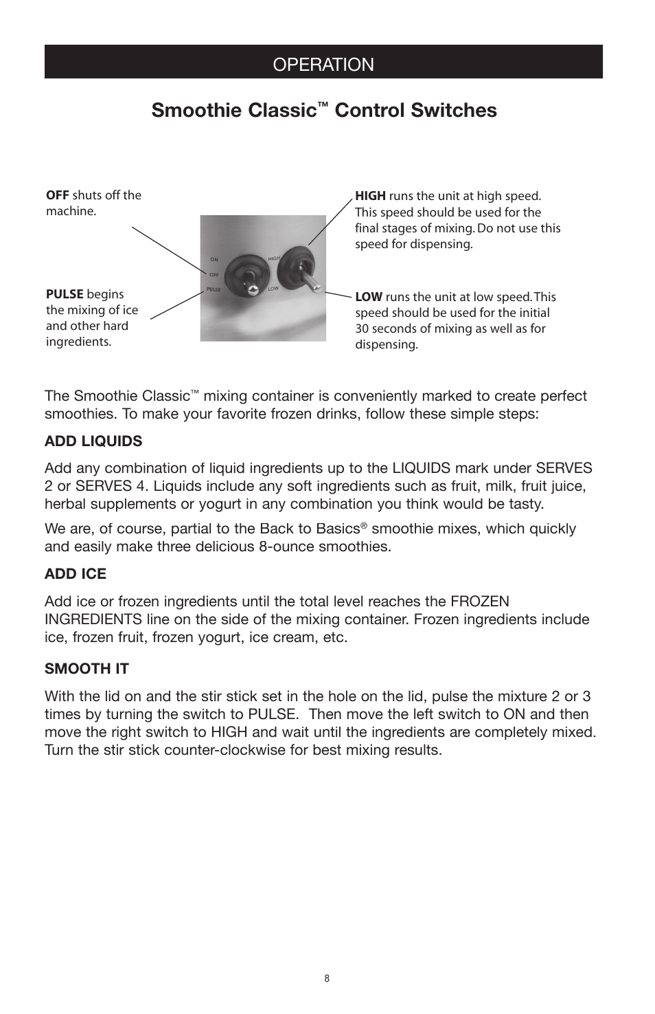 Smoothie classic, Control switches, Operation | West Bend Back to Basics SCL5 User Manual | Page 8 / 17