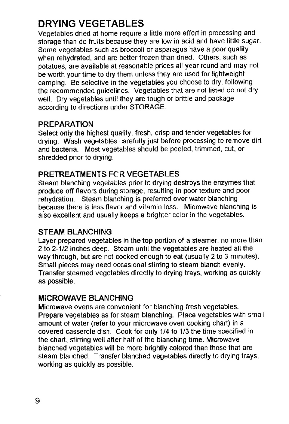 Drying vegetables, Preparation, Pretreatments fc r vegetables | Steam blanching, Microwave blanching, Pretreatments for vegetables | West Bend Back to Basics FD-600 User Manual | Page 10 / 20