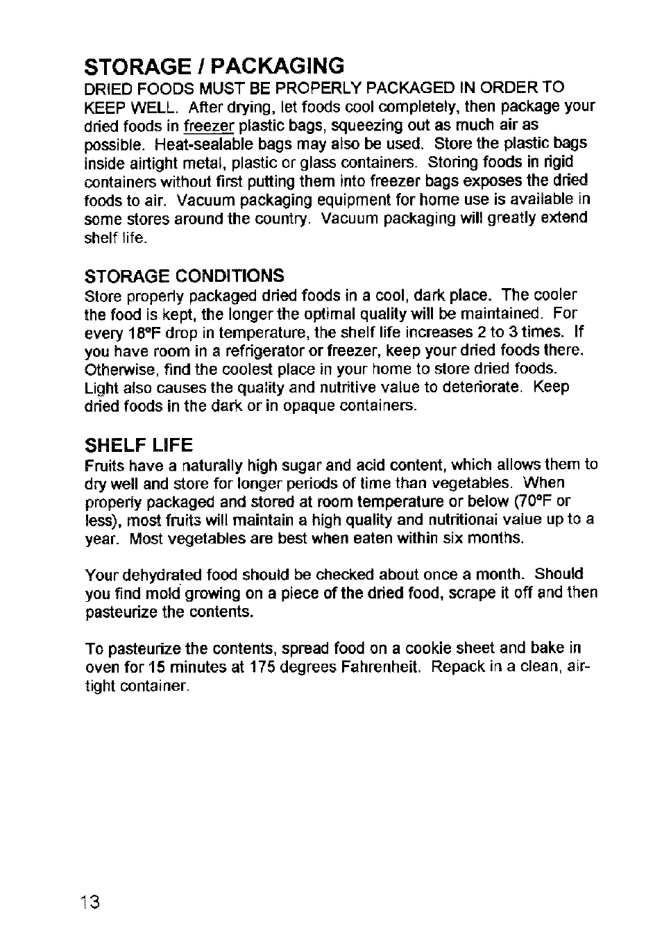 Storage / packaging, Storage/packaging, Shelf life | West Bend Back to Basics FD-600 User Manual | Page 14 / 20