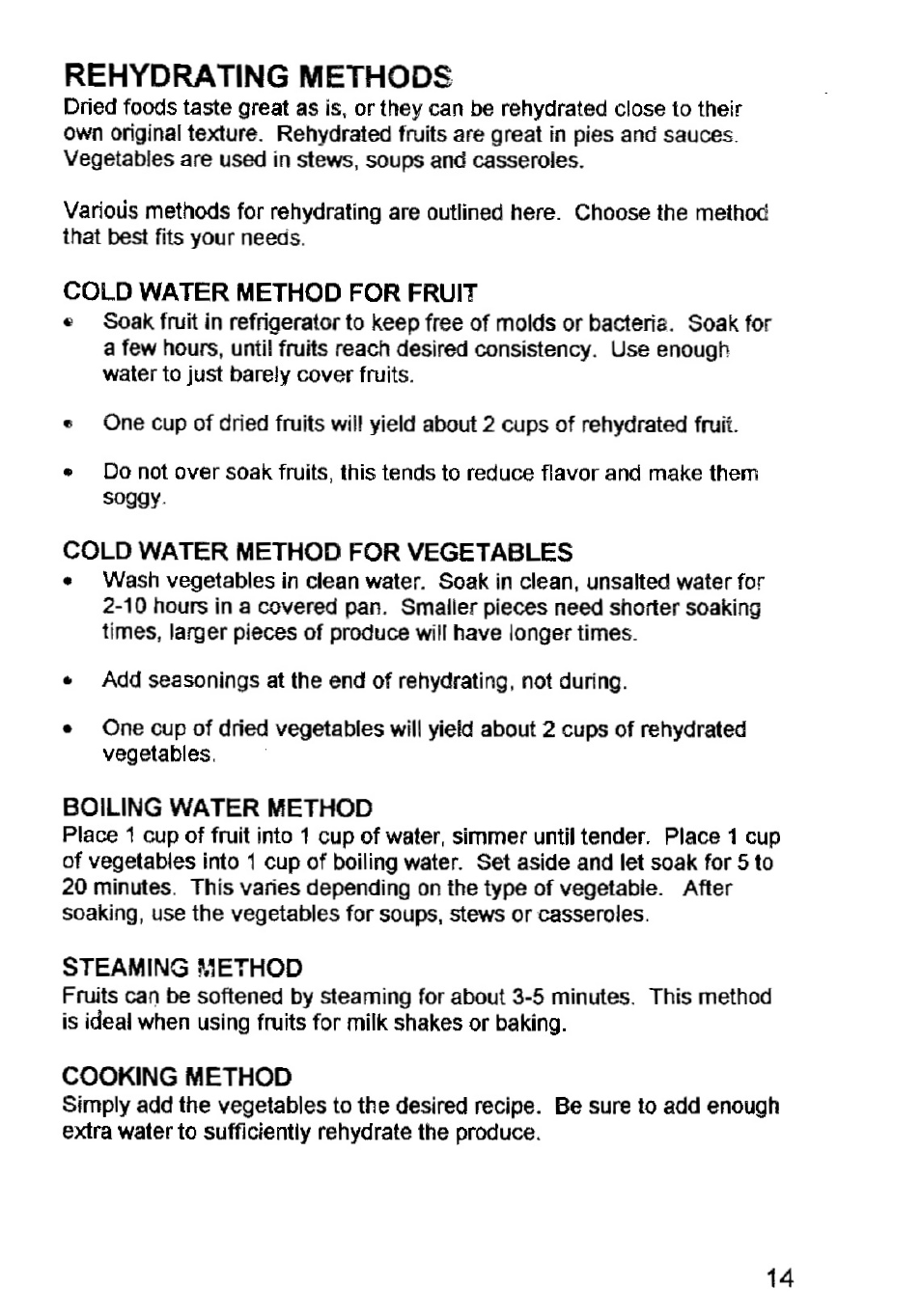 Rehydrating methods, Cold water method for fruit, Cold water method for vegetables | Boiling water method, Steaming method, Cooking method | West Bend Back to Basics FD-600 User Manual | Page 15 / 20