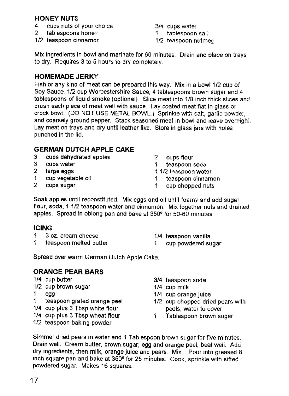 Honey nuts, Homemade jerio, German dutch apple cake | Icing, Orange pear bars | West Bend Back to Basics FD-600 User Manual | Page 18 / 20