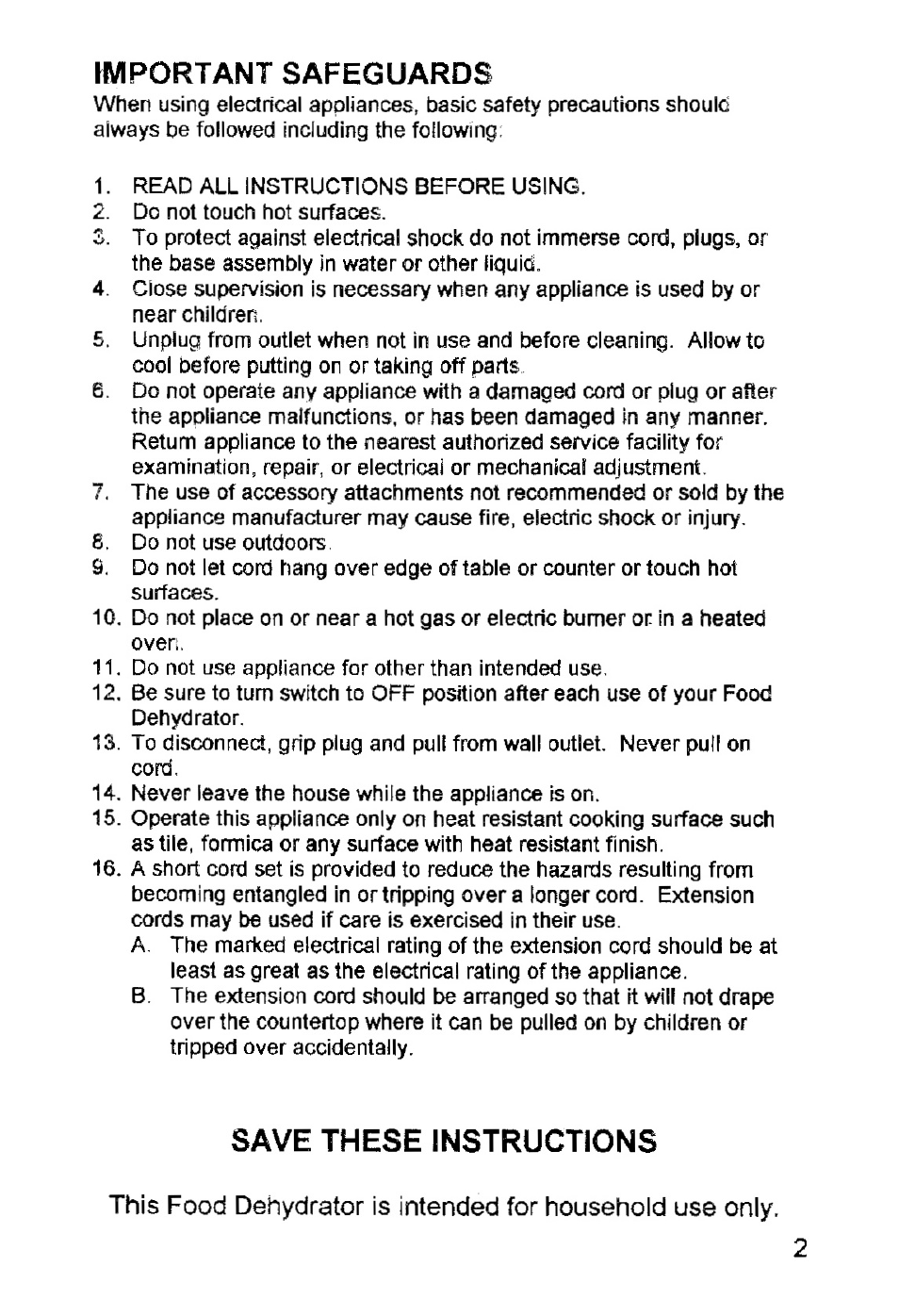 Fwiportant safeguards, Save these instructions, Important safeguards | West Bend Back to Basics FD-600 User Manual | Page 3 / 20