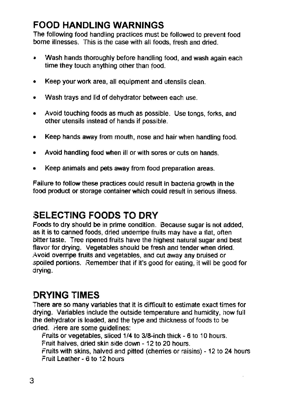 Food handling warnings, Selecting foods to dry, Drying times | West Bend Back to Basics FD-600 User Manual | Page 4 / 20