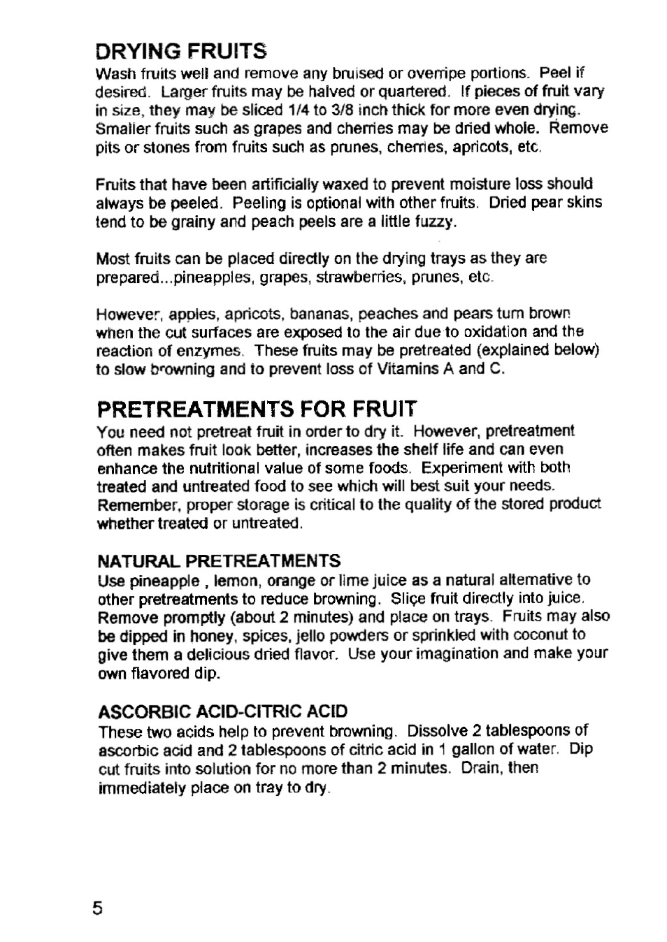 Drying fruits, Pretreatments for fruit, Natural pretreatments | Ascorbic acid-citric acid | West Bend Back to Basics FD-600 User Manual | Page 6 / 20