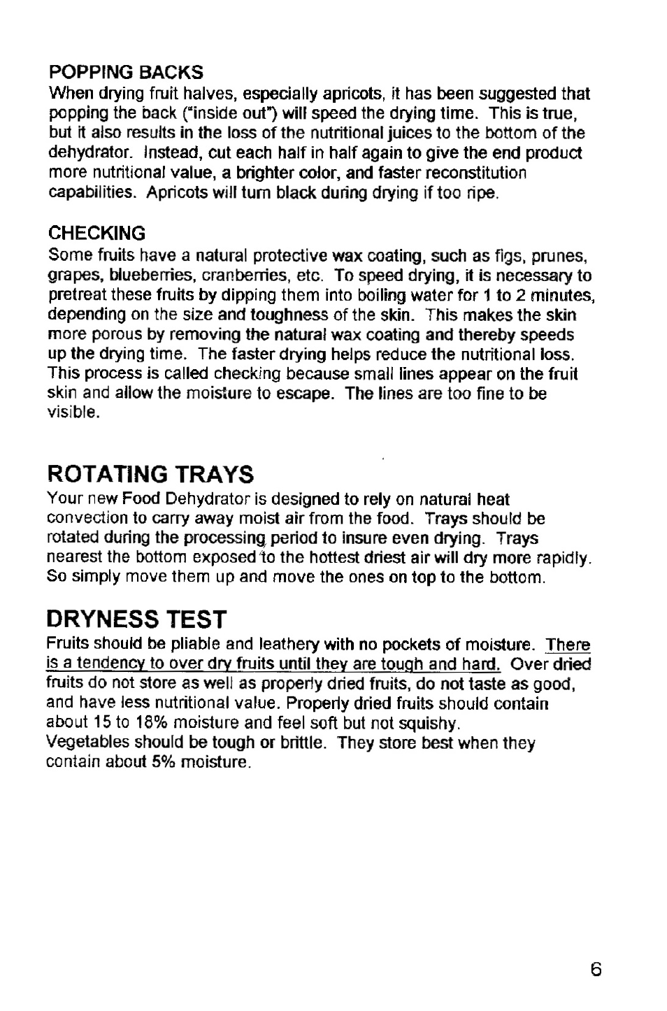 Popping backs, Checking, Rotating trays | Dryness test | West Bend Back to Basics FD-600 User Manual | Page 7 / 20
