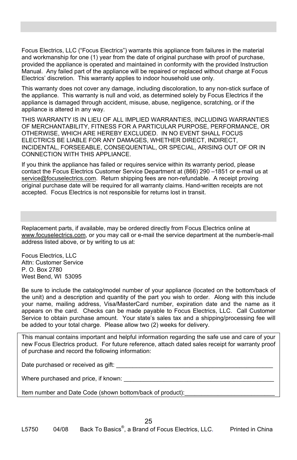 Product warranty, Replacement parts, Appliance 1 year limited warranty | West Bend Back to Basics Coffeemaker User Manual | Page 25 / 76