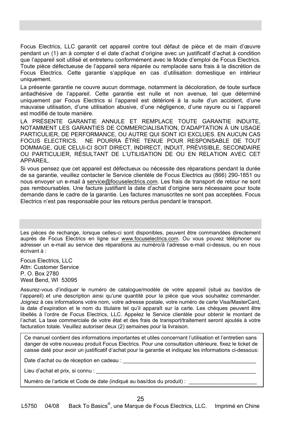Garantie du produit, Garantie limitée d’1 an de l’appareil, Pièces de rechange | Arantie du produit, Ieces de rechange | West Bend Back to Basics Coffeemaker User Manual | Page 50 / 76