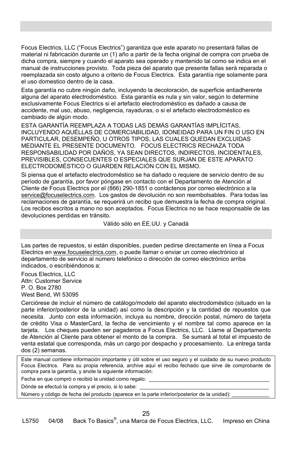 Garantía del producto, Repuestos, Arantía del producto | Epuestos | West Bend Back to Basics Coffeemaker User Manual | Page 75 / 76