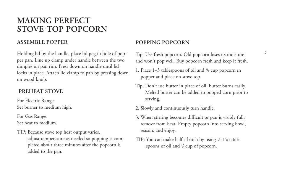 Making perfect stove-top popcorn, Assemble popper, Preheat stove | Popping popcorn | West Bend Back to Basics PCALINST User Manual | Page 7 / 8
