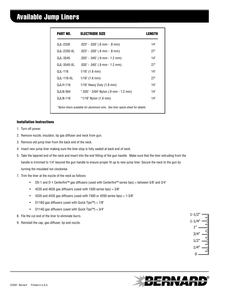 Available jump liners | Bernard Jump Liners SPEC JL-1.3 User Manual | Page 2 / 2