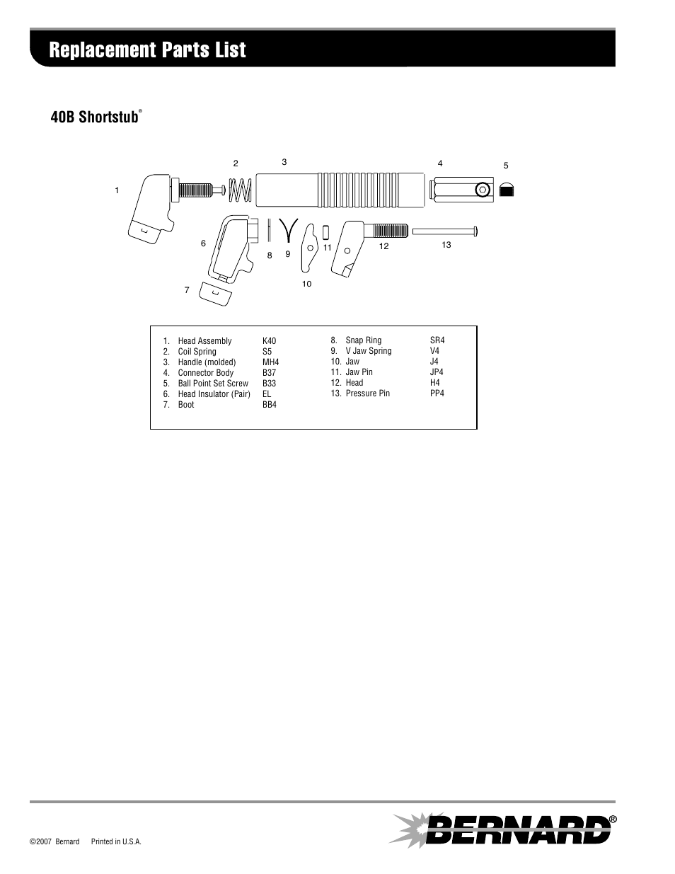 Replacement parts list, 40b shortstub | Bernard Shortstub 40B User Manual | Page 2 / 2