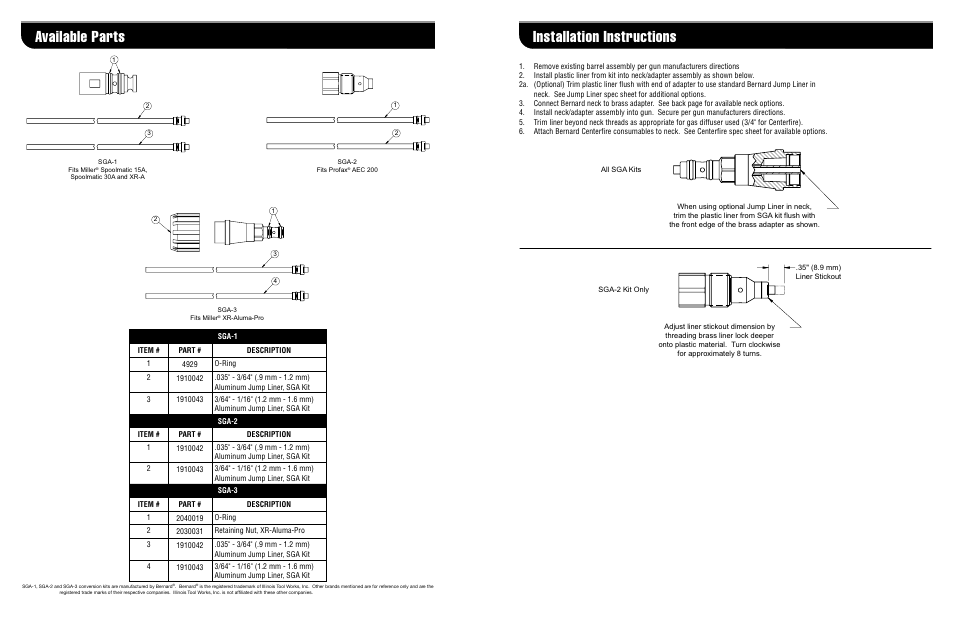 Installation instructions, Available parts | Bernard SGA-2 User Manual | Page 2 / 4